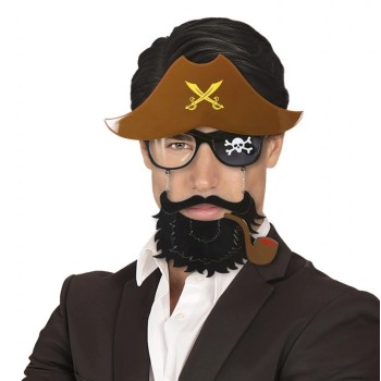 Kahve Renk Şapkalı Siyah Sakallı Pipolu Jack Sparrow Denizci Kors..