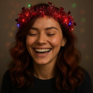 Kalp Püsküllü Gece Parıltısı 3 Modlu Led'Li Işıklı Taç Kırmızı Re..