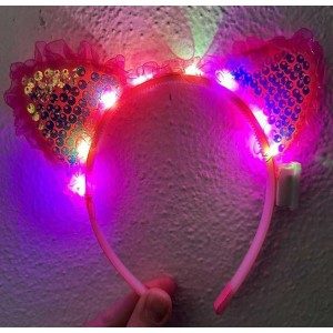 Kenarları Dantelli Fuşya Pullu Payetli Led Işıklı Kedi Kulak Taç ..