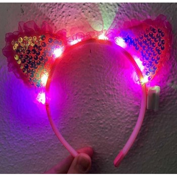 Kenarları Dantelli Fuşya Pullu Payetli Led Işıklı Kedi Kulak Taç ..