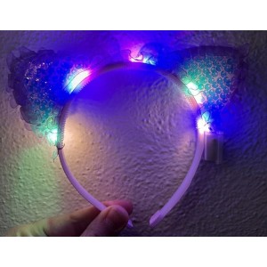 Kenarları Dantelli Mor Pullu Payetli Led Işıklı Kedi Kulak Taç 17..