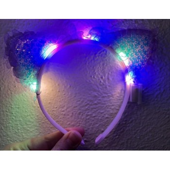Kenarları Dantelli Mor Pullu Payetli Led Işıklı Kedi Kulak Taç 17..