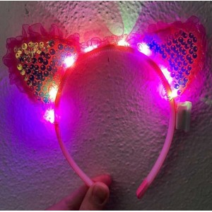 Kenarları Dantelli Pembe Pullu Payetli Led Işıklı Kedi Kulak Taç ..