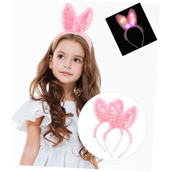 Kenarları Dantelli Pembe Pullu Payetli Led Işıklı Tavşan Kulak Taç 23X19 Cm