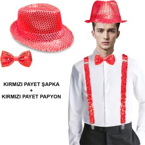 Kırmızı Payetli Şapka Ve Papyon Seti - Parıltılı Yetişkin Kostüm ..