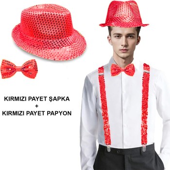 Kırmızı Payetli Şapka Ve Papyon Seti - Parıltılı Yetişkin Kostüm ..