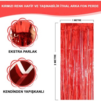 Kırmızı Renk Ekstra Metalize Parlak Saçaklı Arka Fon Perde İthal ..