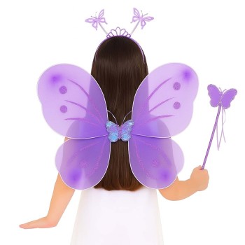 Lila Mor Kelebek Kız Seti - 50 Cm Kelebek Kanadı, Taç Ve Asa