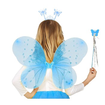Mavi Kelebek Erkek-Kız Seti - 50 Cm Kelebek Kanadı, Taç Ve Asa