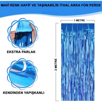 Mavi Renk Ekstra Metalize Parlak Saçaklı Arka Fon Perde İthal A K..