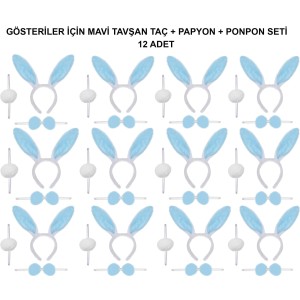 Mavi Tavşan Kostüm Seti - Taç, Papyon, Ponpon (12’Li Paket)