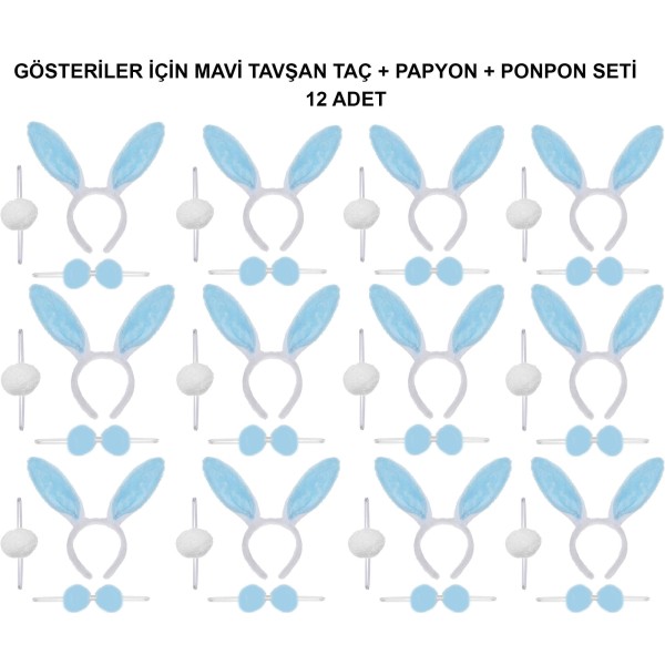Mavi Tavşan Kostüm Seti - Taç, Papyon, Ponpon (12’Li Paket)