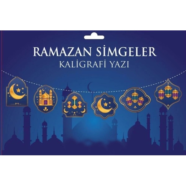 Mavi Üzeri Altın Renk Ramazan Koreografi Simgeler Banner Afiş 21X150 Cm