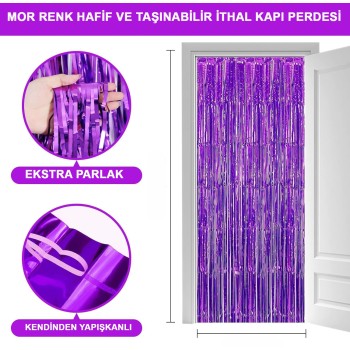 Mor Renk Ekstra Metalize Parlak Saçaklı Arka Fon Perde İthal A Ka..