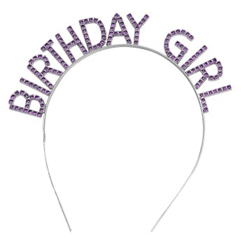 Mor Renk Kristal Taşlı Parlak Birthday Girl Yazılı Taç 16X17 Cm