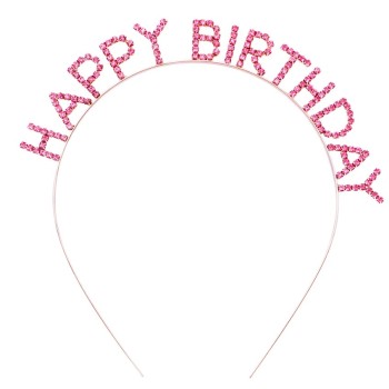 Pembe Renk Kristal Taşlı Gold Renk Kaplama Happy Birthday Taç 16X..