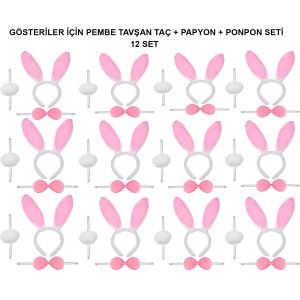 Pembe Tavşan Kostüm Seti - Taç, Papyon, Ponpon (12’Li Paket)