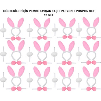 Pembe Tavşan Kostüm Seti - Taç, Papyon, Ponpon (12’Li Paket)