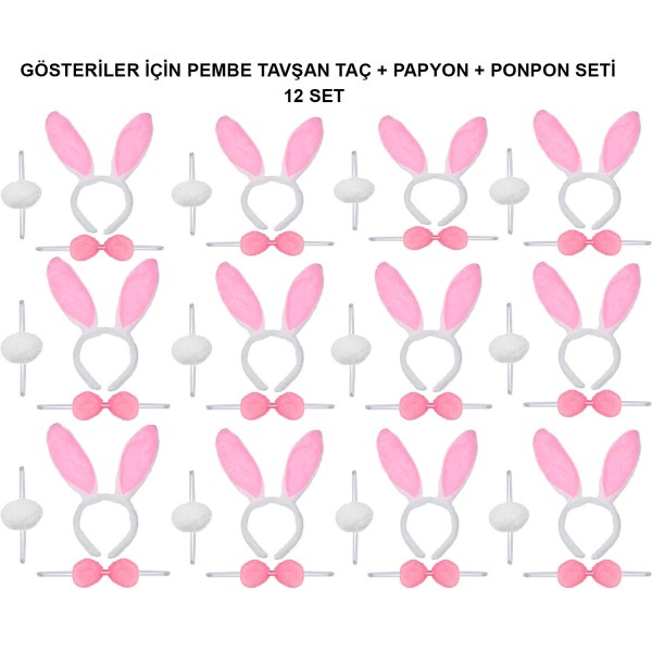 Pembe Tavşan Kostüm Seti - Taç, Papyon, Ponpon (12’Li Paket)