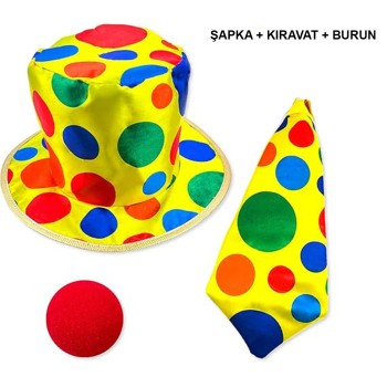 Renkli Palyaço Kostüm Seti - 3 Parça Aksesuar (Şapka, Kravat, Bur..