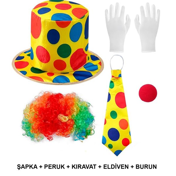 Renkli Palyaço Kostüm Seti - 5 Parça Aksesuar (Şapka, Peruk, Kravat, Eldiven, Burun)