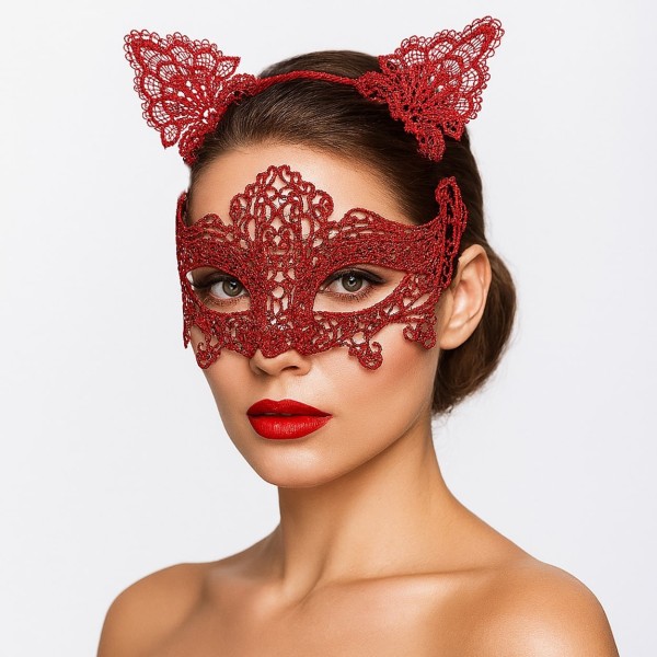 Romantik Kırmızı Dantel Maske Seti - Kedi Kulaklı Taç ve Maske 3 No