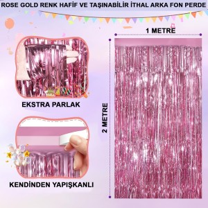 Rose Gold Renk Ekstra Metalize Parlak Saçaklı Arka Fon Perde İtha..