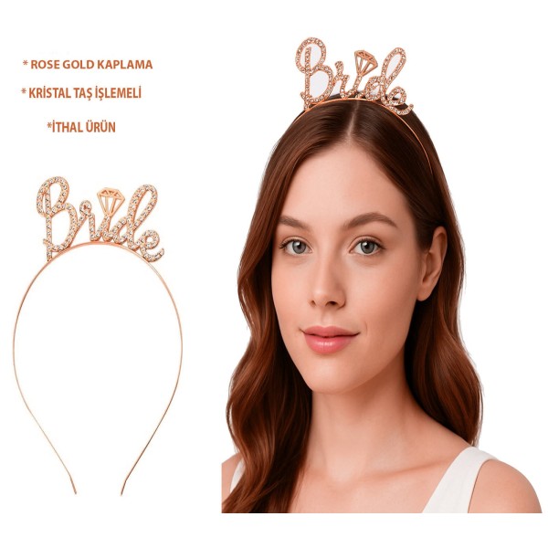 Rose Gold Renkli Taşlı Bride Gelin Tacı - El Yazısı Yazı Tipiyle