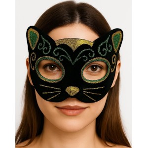 Siyah Kadife Kaplama Üzeri Sarı Yeşil Sim İşlemeli Kedi Maskesi 2..