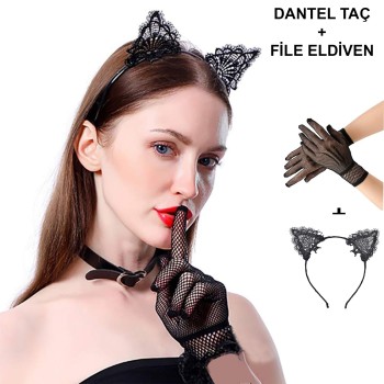 Siyah Kedi Dantel Taç + Eldiven Seti - Parti, Dans ve Kostüm Komb..
