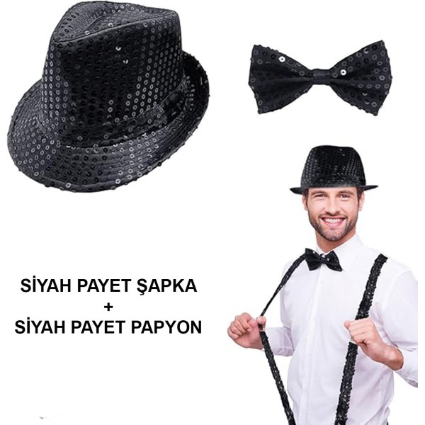 Siyah Payetli Şapka Ve Papyon Seti - Parıltılı Yetişkin Kostüm Seti