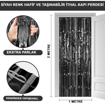 Siyah Renk Ekstra Metalize Parlak Saçaklı Arka Fon Perde İthal A ..