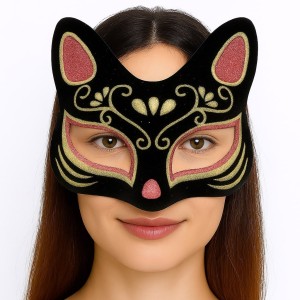 Siyah Renk Süet Kaplama Üzeri Kırmızı Sarı Simli Kedi Maskesi 17X..