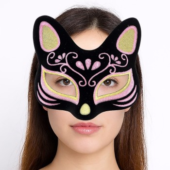 Siyah Renk Süet Kaplama Üzeri Sarı Pembe Simli Kedi Maskesi 17X14..