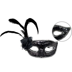 Siyah Renk Yandan Tüylü Güllü Gümüş Taşlı Pullu Maske 20X22 Cm