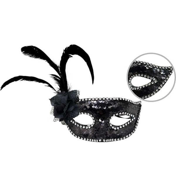 Siyah Renk Yandan Tüylü Güllü Gümüş Taşlı Pullu Maske 20X22 Cm