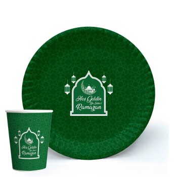 Yeşil Renk Hoşgeldin Ya Şehr-İ Ramazan Yazılı Tabak Ve Bardak Set..