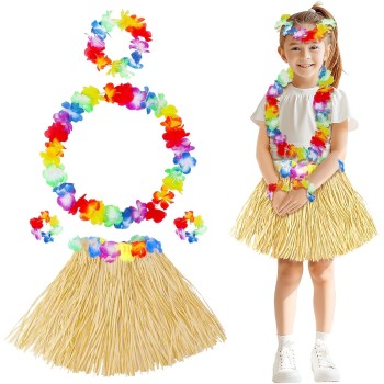 Yetişkin Çocuk Hawaii Parti Seti - 40 Cm Naturel Etek + Çiçek Aks..