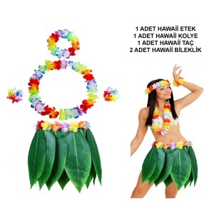Yetişkin Hawaii Kostüm Seti - Yaprak Etek & Hawaii Set - 5 Pa..