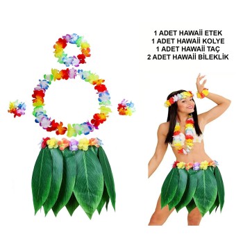 Yetişkin Hawaii Kostüm Seti - Yaprak Etek & Hawaii Set - 5 Pa..